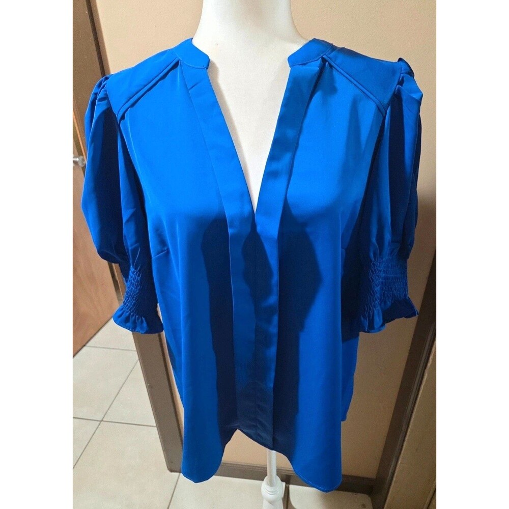 Womens XL Blue Solid Woven V-Neck 3/4 Puff Sleeve Pleated Pullover Blouse